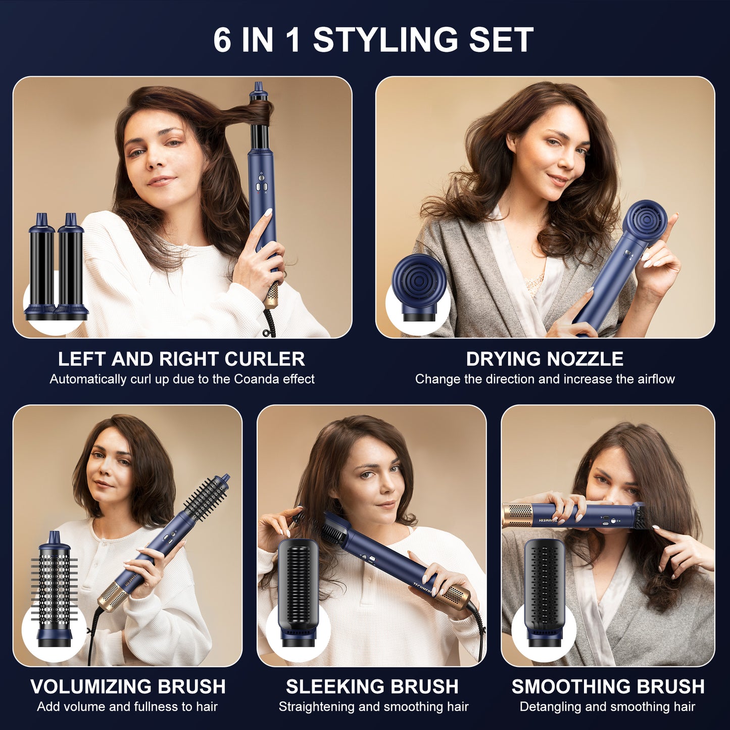 Techmeri 6 in 1 Hair Dryer & Hair Styler Suit(Navy Blue)