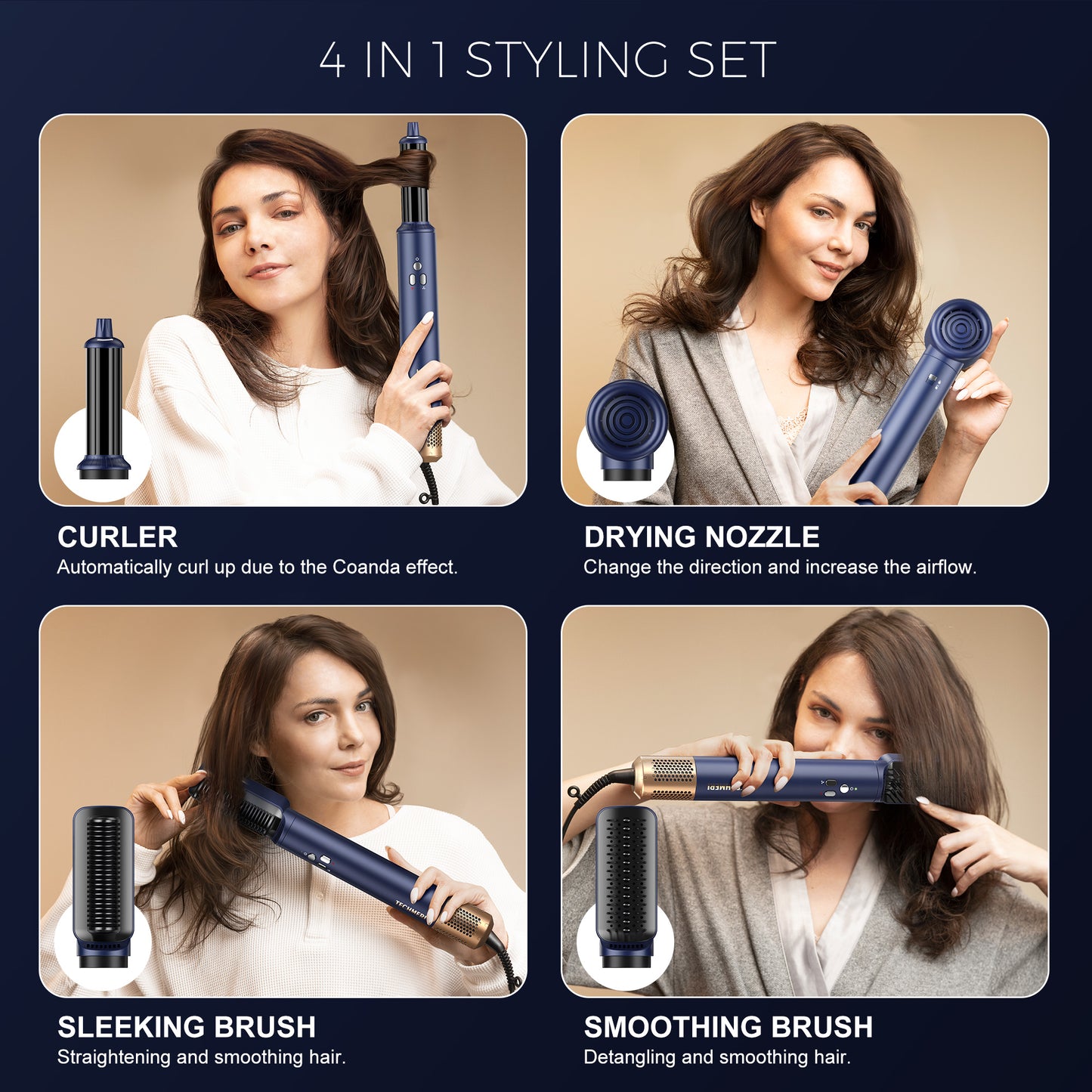 Techmeri 4 in 1 Hair Dryer & Hair Styling Tools Suit(Navy Blue)